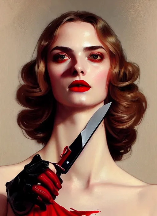 Image similar to “ daria strokous as femme fatale smiling, with red lips, holding knife on her victim ’ s throat intricate, elegant, highly detailed, digital painting, artstation, concept art, smooth, sharp focus uhd 8 k, art by artgerm and greg rutkowski and alphonse mucha ”