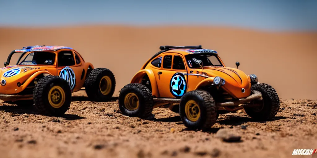 Image similar to Hot Wheels, VW BAJA BUG, trophy truck, cinematic, Maxxis, 8k, depth of field, mexican desert, bokeh, DAKAR.