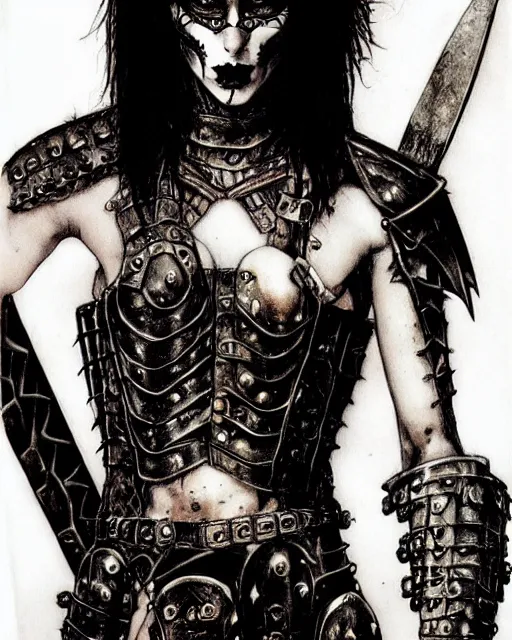 Image similar to portrait of a skinny punk goth warrior wearing armor by simon bisley, fantasy, barbarian, hardcore