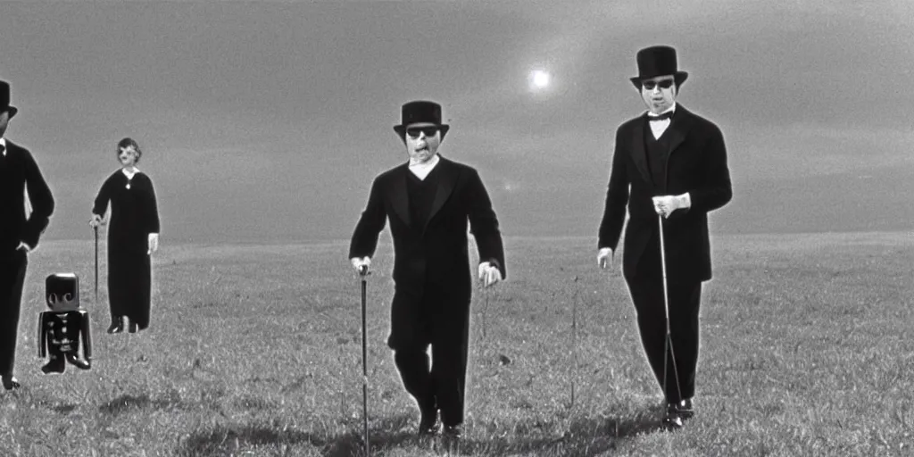 Image similar to a still of a 60s movie of a man holding a cane wearing a black suit and a bowler hat with a robotic face walking in a empty field
