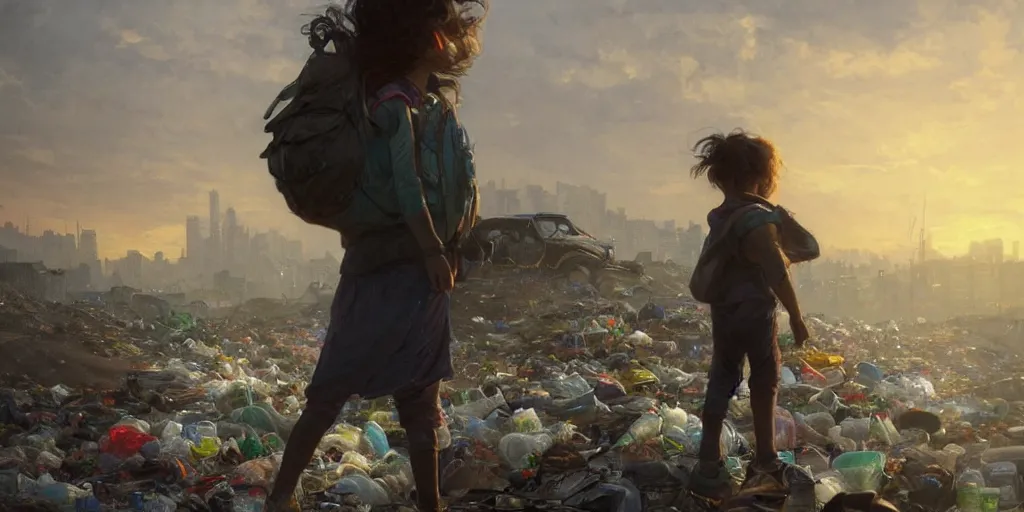 Image similar to poor detailed child with backpack standing at cars looking for food at garbage dump, destroyed cars, city is pure wasteland, moody sunset in background, greg rutkowski, alphonse mucha, trending on artstation, artgerm, unreal engine, breathtaking, award winning, highly detailed