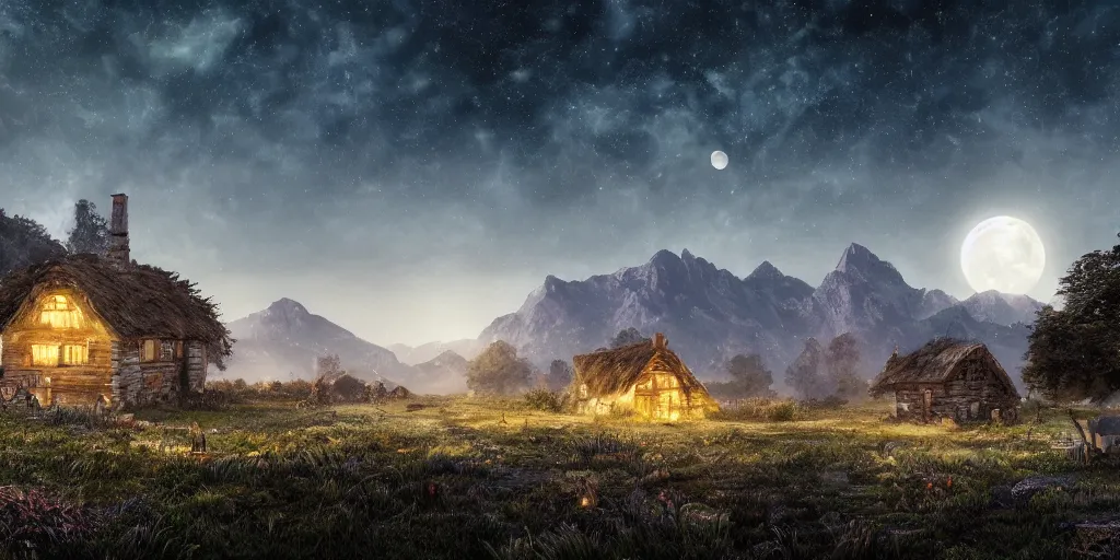 Image similar to Skeleton infested fields with large mountains in the distance, small cottage in the foreground, nighttime, moon in the night sky, landscape wallpaper, d&d art, fantasy, painted, 4k, high detail, sharp focus