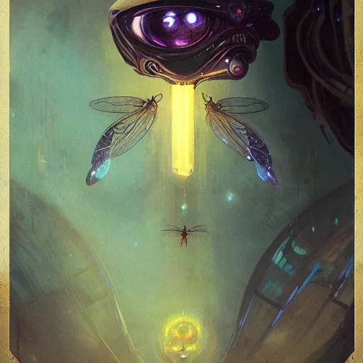 Prompt: the alien cosmic dragonfly looks into your eyes with its eyes at the end of all of time and space and life, by Greg Rutkowski and Alphonse Mucha, horror, existential, artstation, cgsociety