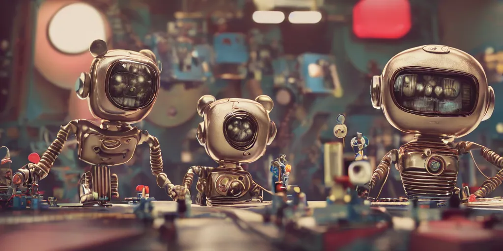 Image similar to closeup portrait of tin toy retro robots team programming in a computer lab, depth of field, zeiss lens, detailed, centered, fashion photoshoot, by nicoletta ceccoli, mark ryden, lostfish, breathtaking, 8 k resolution, extremely detailed, beautiful, establishing shot, artistic, hyperrealistic, octane render