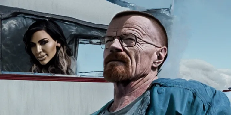 Image similar to film still of walter white carrying kim kardashian into an old derelict rv on the tv show breaking bad, cinematic-shot, 4k