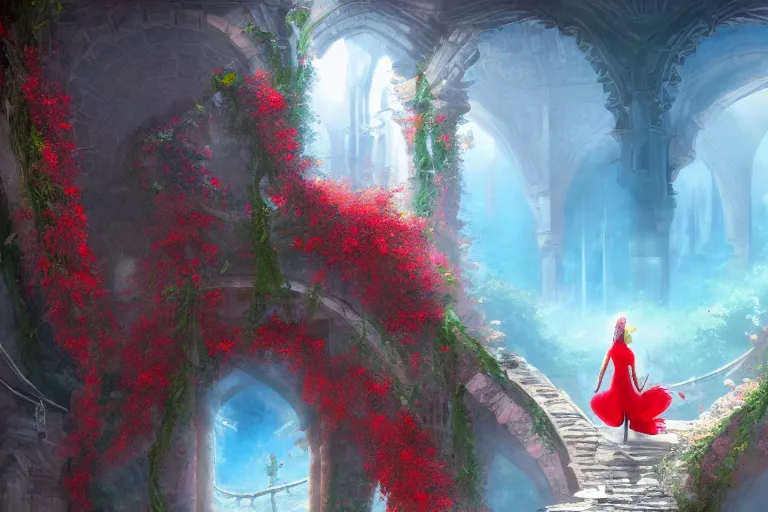 Prompt: broken arches leading to the pillars of eternity draped with red flowers and vines, blue sky, lens flare, a sense of mystery, cinematic, ultra detailed, intricate, sharp focus, trending on artstation, cartoon illustration by Disney, 8K