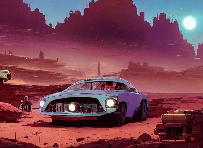 Prompt: a vehicle in a stunning landscape by martin deschambault, dean ellis, peter elson, josan gonzalez, david a hardy, john harris, wadim kashin, angus mckie, moebius, bruce pennington