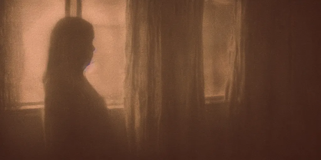 Image similar to portrait bust of young woman, solemn expression, faded color film, russian cinema, tarkovsky, kodachrome, old cabin, next to window, heavy forest outside, long brown hair, old clothing, heavy fog, sunset, hudson river school, 4 k, dramatic lighting, greg rutkowski