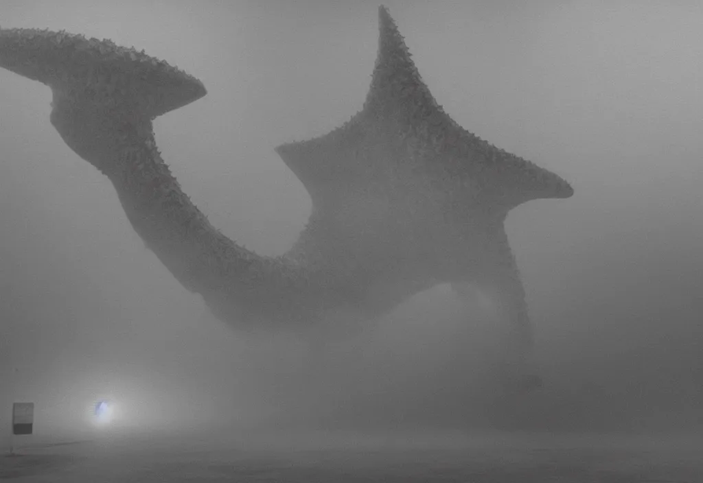 Image similar to light coming out of a bull - like kaiju starfish monster, korean film noir, korean traditional palace, fog, 4 k, video compression, video glitch, monochrome, akira kurosawa