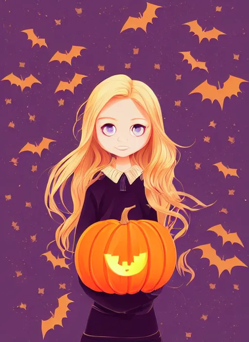 Image similar to little girl with long blonde hair holding a pumpkin. bats in the background. clean cel shaded vector art. shutterstock. behance hd by lois van baarle, artgerm, helen huang, by makoto shinkai and ilya kuvshinov, rossdraws, illustration, art by ilya kuvshinov