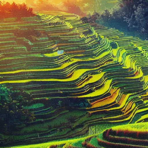 Image similar to beautiful scenery of rice terraces, by anato finnstark, by alena aenami, by john harris, by ross tran, by wlop, by andreas rocha