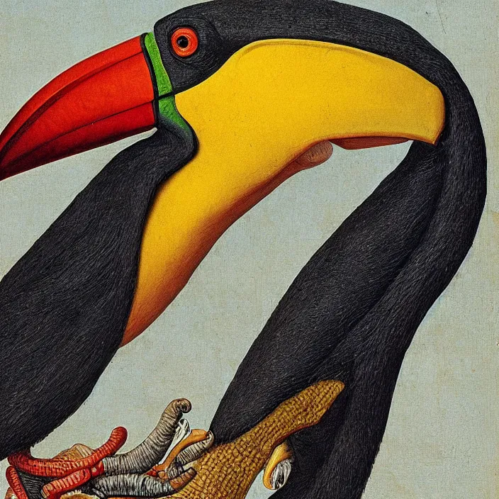 Prompt: close up portrait of a mutant monster creature with exotic toucan beak, twenty arachnid eyes, fair skin tone. by jan van eyck, walton ford