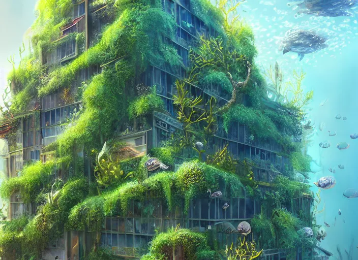 Image similar to overgrown foliage overtaking tall buildings, underwater environment, storefronts, sand, scenery, professional, award - winning, trending on artstation, hyper detailed, realistic, beautiful, emotional, shiny, golden, picture