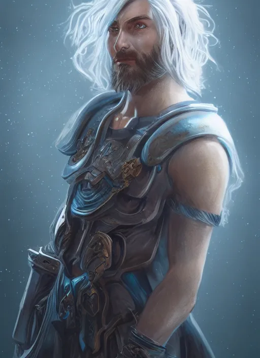 Prompt: an epic fantastic realism comic book style portrait painting of an aasimar paladin, male, silver hair, short brown beard, d & d concept art, unreal 5, daz, teal aesthetic, octane render, cosplay, rpg portrait, dynamic lighting