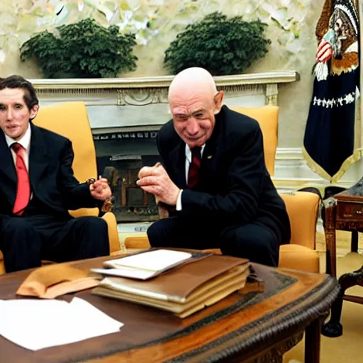 Image similar to president gollum and sauron in an oval office meeting to discuss the one ring