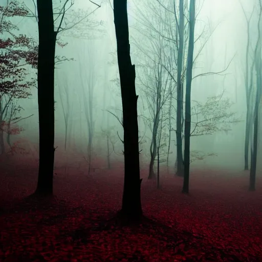 Image similar to a dark evil forest where the entire forest floor is covered in dark red leaved, blood red leaves, atmospheric fog, moon lit, vague outline of a dark figure