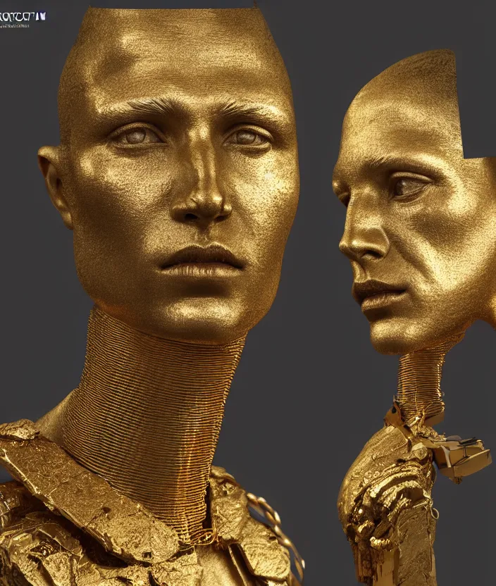 Image similar to a portrait of a stoic statue wearing a neck collar made of gold, cyberpunk, aesthetic, naturel, hyper detailed, digital sculpture, trending in artstation, cinematic lighting, studio quality, smooth render, unreal engine 5 rendered, octane rendered, art style by klimt and nixeu and ian sprigger and wlop and krenz cushart