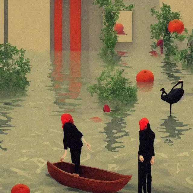 Image similar to tall female emo vegan socialist artist in their flooded apartment, painting of flood waters inside an artist's home, a river flooding indoors, pomegranates, pigs, ikebana, zen, water, octopus, river, rapids, waterfall, black swans, canoe, berries, acrylic on canvas, surrealist, by magritte and monet