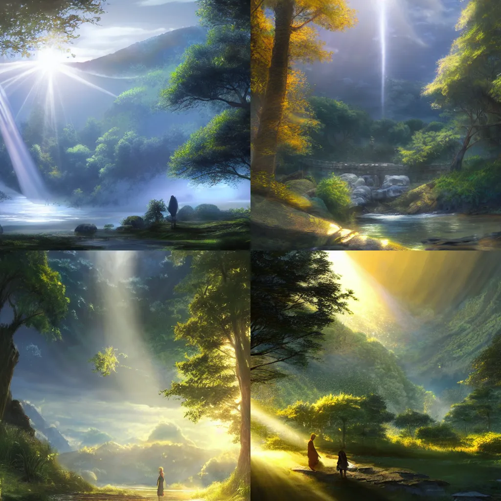 Prompt: Rivendell by Makoto Shinkai, concept art, sun shining through clouds, thunder clouds, crepuscular rays, trending on art station, 8k