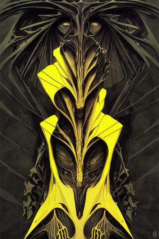 Prompt: black and yellow flat color, artgerm, joshua middleton, mucha, beksinski, moebius, heavy metal comic cover art, psychedelic triangular skeletal calcification fungus lich in darkiron spike armor, full body, hollow eyes, symmetrical face, long black crown, in a dungeon background, moody dark colors