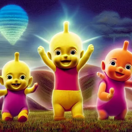 Prompt: The Teletubbies play in front of a large nuclear explosion that has created a large nuclear mushroom and is totally oblivious to the fact that the city is in flames and everyone die. Elegant, intricate, digital painting, artstation, concept art, smooth, sharp focus, illustration, art by artgerm and greg rutkowski and alphonse mucha