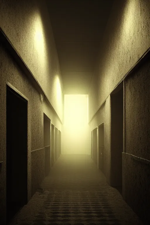 Image similar to pitch black hallways and corridors like a giant body, dark, moody, hyper-realistic environment,Epic concept art. bokeh, Octane render and Unreal Engine