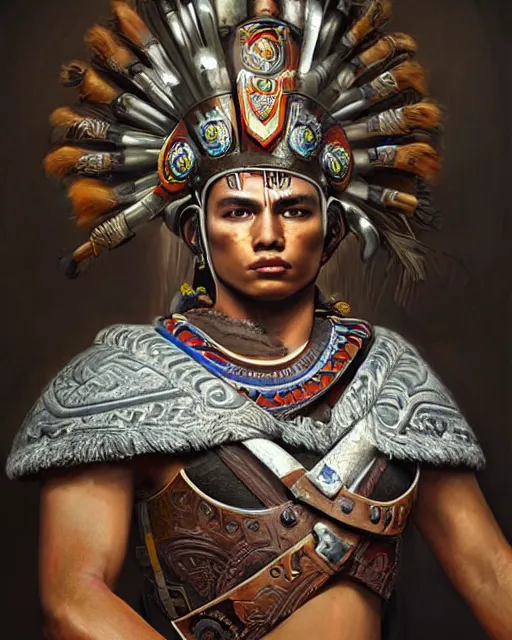 Image similar to portrait of a handsome young aztec warrior, art by lixin yin and denys tsiperko and bogdan rezunenko, hyperrealism, fantasy art