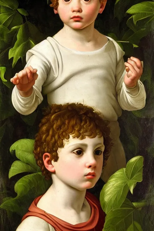 Image similar to renaissance painting of young boy in the garden, closeup, short hair, interest face, emotions closeup, dressed in roman armour, the beautiful garden with birch leaves everywhere, ultra detailed, art by Guido Reni style, Vincenzo Catena style