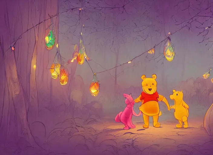 Image similar to concept art of a birthday party at night with winnie the pooh characters in the woods, paper lanterns and fairy lights, cel shaded, in the style of makoto shinkai and moebius and peter mohrbacher and anton fadeev