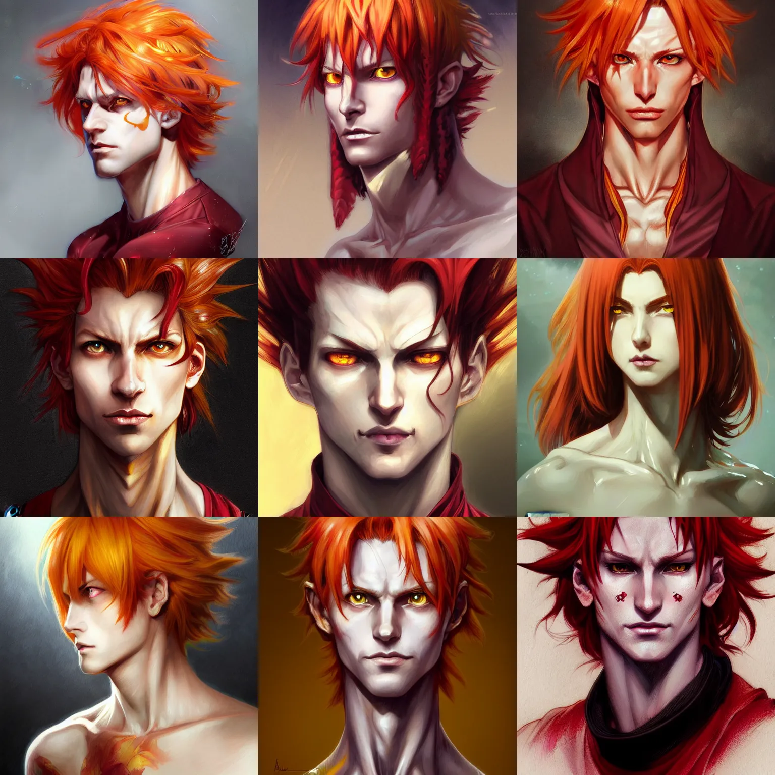 Image similar to portrait of hisoka morow hunter hunter, male, sharp jaw yellow eyes small eyes red hair crimson medium length hair, anime, fantasy, intricate, elegant, highly detailed, digital painting, artstation, concept art, matte, sharp focus, illustration, art by artgerm and greg rutkowski and alphonse mucha