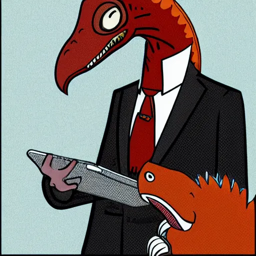 Image similar to a detailed illustration of an anthropomorpich velciraptor wearing a suit and talk with a phone