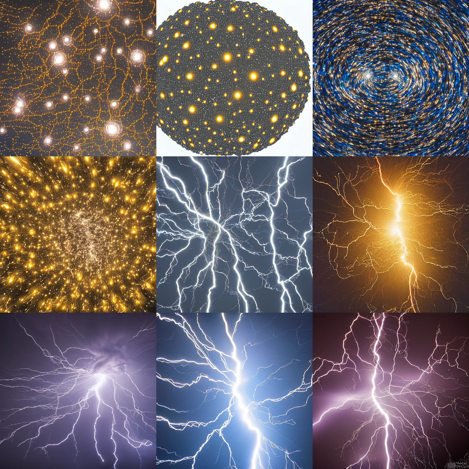 Prompt: twisted maelstrom of cluster of metallic spheres, lightning