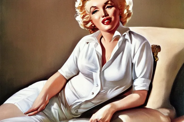 Prompt: marilyn monroe sitting on a couch, next to the sea, wearing a white button up shirt, vintage pin up, painted by jc leyendecker