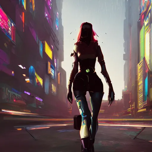 Image similar to a beautiful picture of a girl walking in a cyberpunk street by aurahack and greg rutkowski, low angle shot, cinematic, colorful, trending on artstation