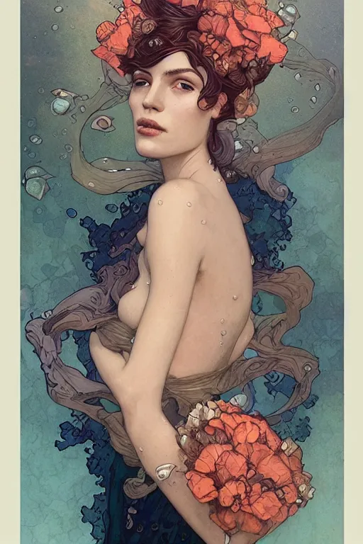 Image similar to profile portrait of a beautiful mysterious woman underwater, hidden hands holding a bouquet of flowers, corals and fish, by eve ventrue, michael carson, andreas rochas, john watkiss, casey weldon, artgerm. art nouveau. tarot card by mucha. gloomhaven. swirly intricate linework background. gaudy colors, sharp edges. octane render