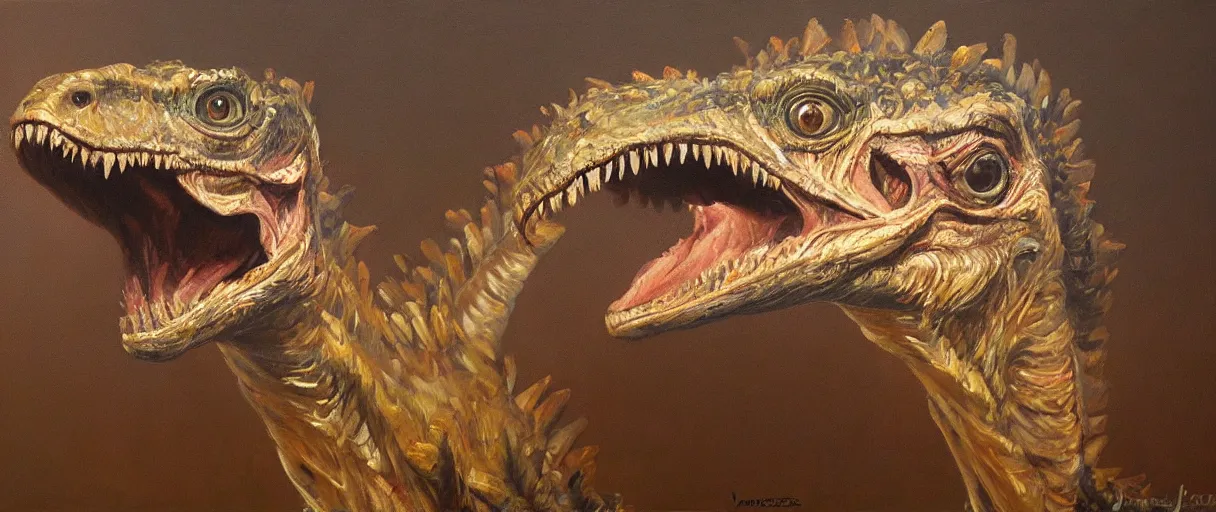 Prompt: oil painting of a velociraptor on canvas, by James gurney, realism, warm lighting, award winning, high detail, professional, volumetric lighting