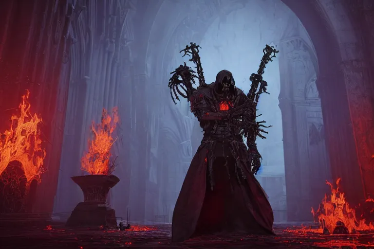 Image similar to a ghoul in a cathedral with flaming skulls rotating around him as a dark souls inspired boss, octane render, rtx, unreal engine 5, digital painting, trending on artstation, highly detailed, epic composition, 8 k uhd