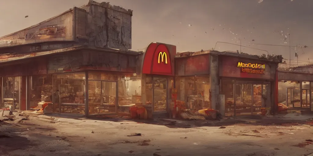 Image similar to an intricate concept art of a mcdonalds shop beside the road in a post - apocalyptic world,, sci - fi film color palette, concept art, environment design, vfx, unreal engine 5, artstation, deviantart, octane render, cinematic,