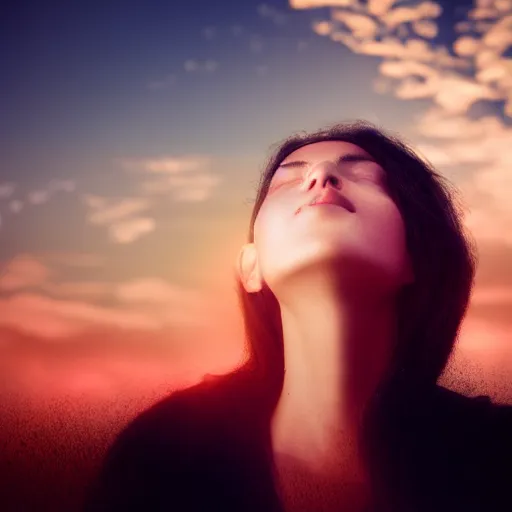 Image similar to aesthetic photo of a woman looking up with a sad expression at sunset, dslr, award winning, 8 k, octane beautifully detailed render, warm mood, cinematic lighting, detailed photo, masterpiece, volumetric lighting, ultra realistic, highly detailed, high quality, lossless, photorealistic, sharp focus, hd