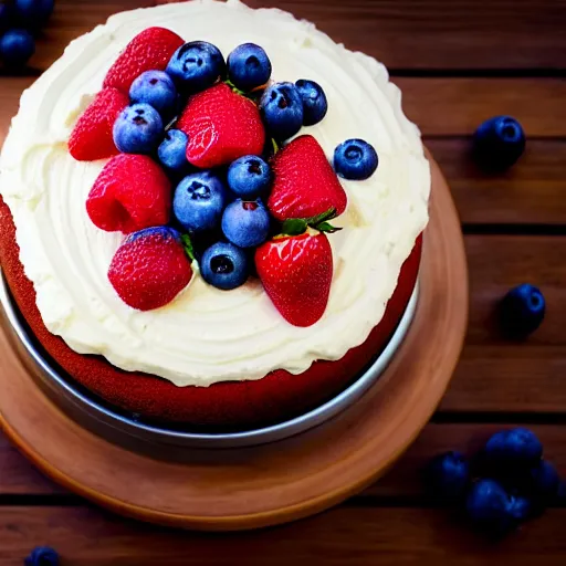 Image similar to A photo of a cake from the side on a wooden table, with cream spread on the sides and strawberries, raspberries and blueberries placed in circles on top. Sunset. 4K. Cinematic lighting. High detail. Realistic. Delicious.