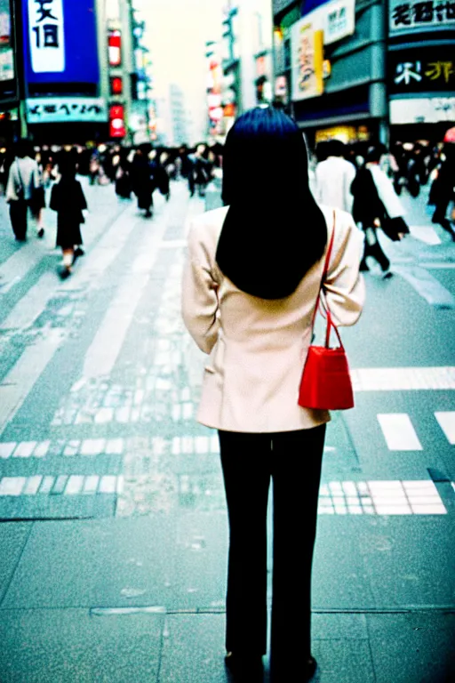 Image similar to street photography portrait of a beautiful japanese woman standing at shibuya crossing during midday, subtle colors, shot on cinestill 5 0 d film, iso 1 0 0, 5 0 mm lens aperture f / 8, dynamic composition, full frame, full res, sharp focus, hyper realistic