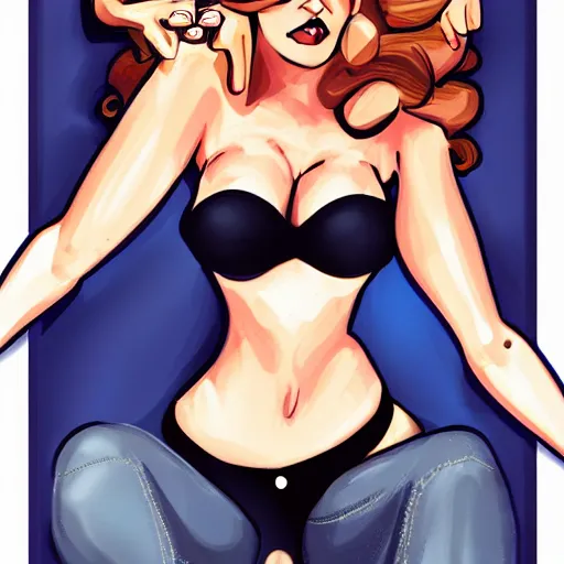 Prompt: playing a videogame, pin up, front view, digital art, digital painting, photoshop, dark lighting, couch