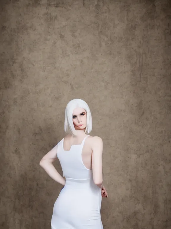 Prompt: studio photo of gorgeous seductive tall emily skinner cosplaying annie leonhart wearing tight white dress, beautiful face, pale skin, rule of thirds, cinematic lighting, sharp focus, backlit, stunning, smooth, hard focus, full body shot