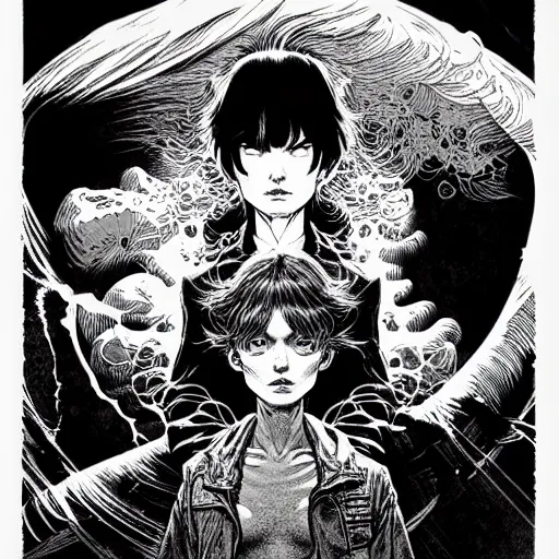 Image similar to portrait soft light, by bernie wrightson and killian eng and joe fenton, inspired by akira anime, etching, fine, sharp high detail, screen print,