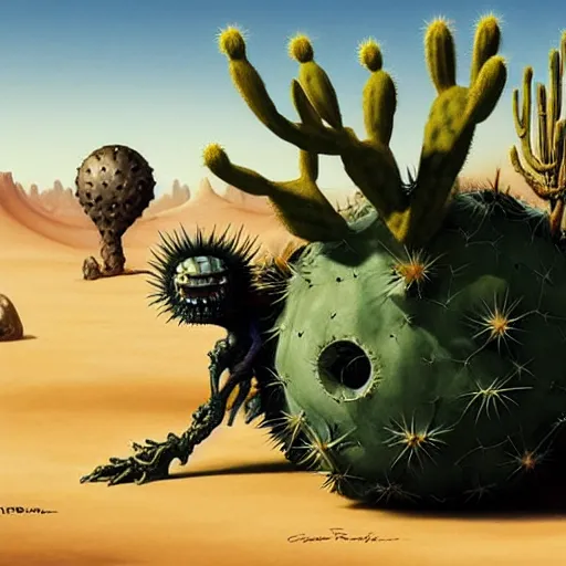 Prompt: ball creature covered with eyes, in the desert next to a cactus, d & d, fantasy, greg rutkowski, frank frazetta, alexandre chaudret, boris vallejo, michael whelan, miro petrov, hr giger, magali villeneuve, donato giancola