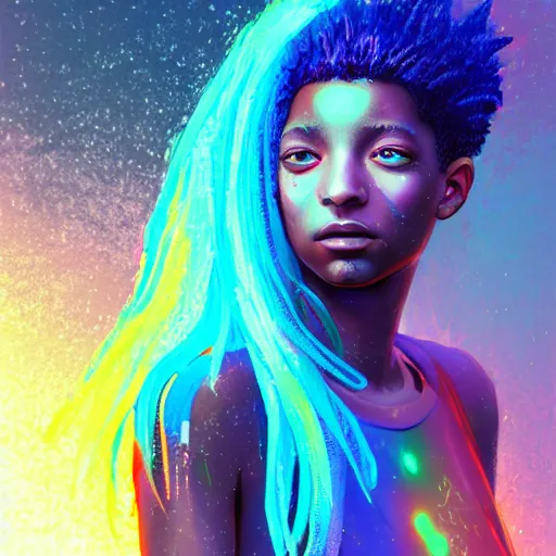 Prompt: a digital painting of willow smith in the rain with blue hair, cute - fine - face, pretty face, cyberpunk art by sim sa - jeong, cgsociety, synchromism, detailed painting, glowing neon, digital illustration, perfect face, extremely fine details, realistic shaded lighting, dynamic colorful background
