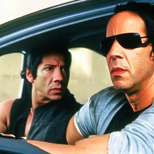 Image similar to film still of Vin Diesel as Domenic Toreto and Keanu Reeves as Brian O’Conner in Fast and the Furious