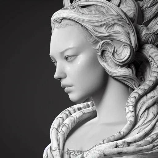 Prompt: wonderful princess made of marble, beautiful face, hyper detailed, flowing background intricate and detailed, ornate 8 k gorgeous intricate detailed, octane render, black and white