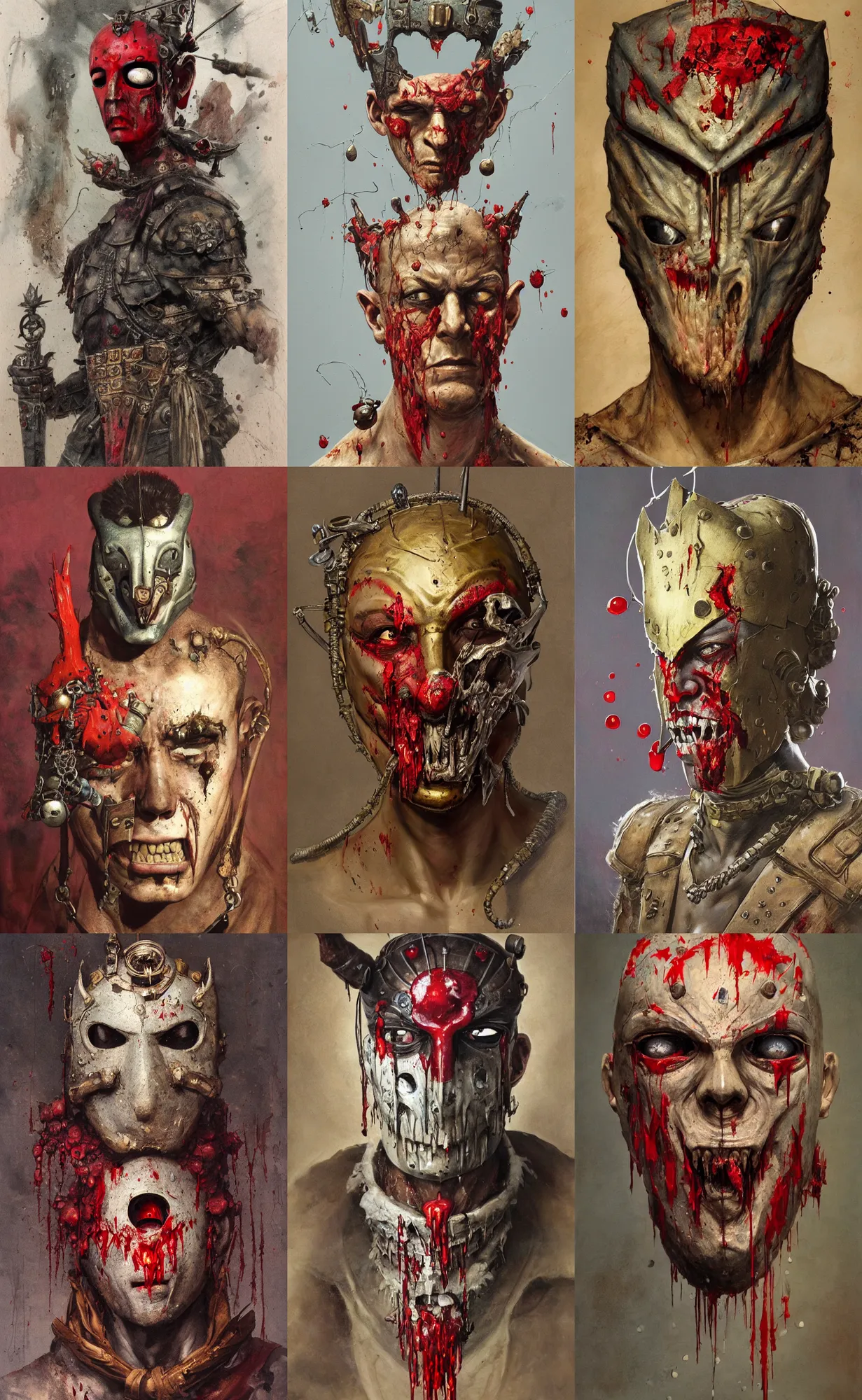 Prompt: A mixed media portrait painting of a man wearing the mask-of-Damocles, detailed mask, blood droplets, detailed jaw and eyes, by Frank Frazetta, Boris Vallejo, Greg Rutkowski, Beeple, Yoko Taro, Christian MacNevin, epic fantasy character art, roman numerals, high fantasy, CGsociety, full length, exquisite detail, post-processing, masterpiece, cinematic, coliseum backdrop