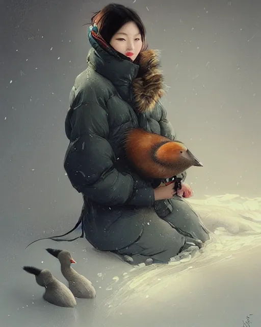 Image similar to a beautiful chinese woman in down jacket ， a goose ， winer ， wenjun lin intricate, elegant, highly detailed, digital painting, artstation, concept art, matte, sharp focus, illustration, hearthstone, art by artgerm and greg rutkowski and alphonse mucha